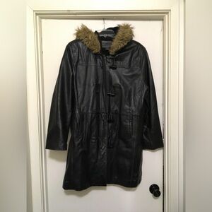 Jaclyn Smith Black Leather Jacket with Tan Faux Fur